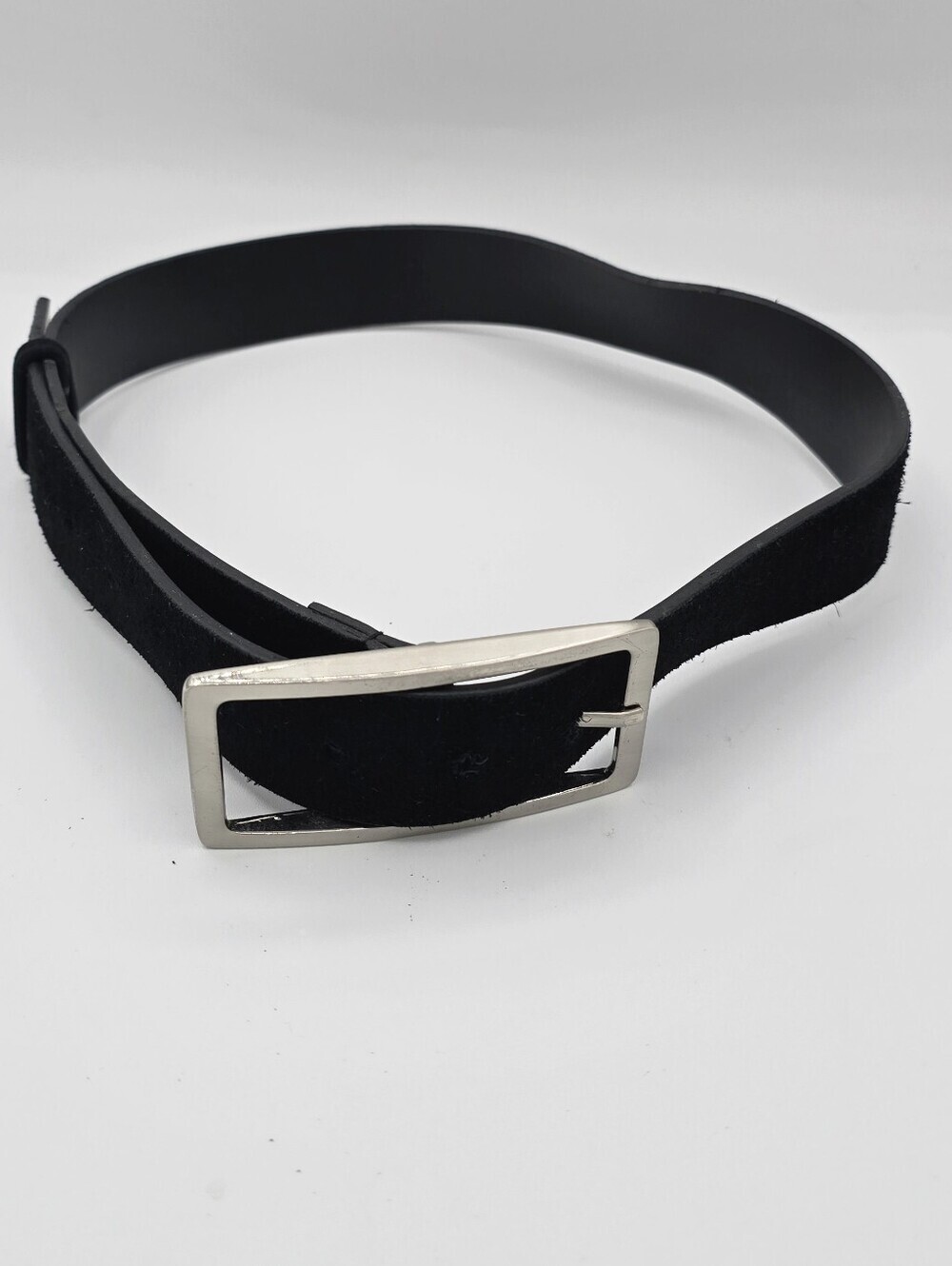 Black Suede Belt With Genuine Leather Lining & Silver Rectangular Buckle